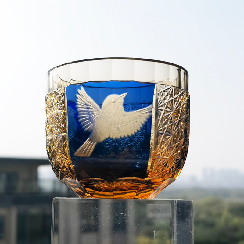QJ-02 60 ML Blue Premium Peace Dove Shot Glass Green and Amber Colored Cold Sake Glass Cup,Chilled Sake Glass ,Small Drinking Vessel With Hand Cut Kiriko Chrysanthemum Design