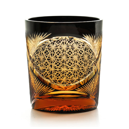 JP-030 250 ml Black and Amber Tinted Glass Whiskey Cup With Hand Cut Classic Chrysanthemum And Fans 2 different Design