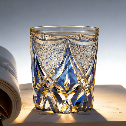 Hand cut crystal whiskey glass with intricate faceted patterns, displayed on an open book