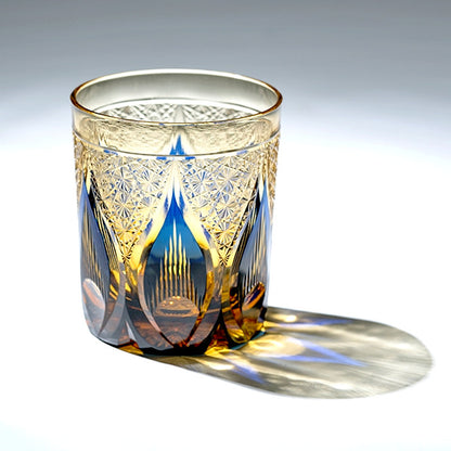 JP-020  8.5 oz  Blue and Amber Tinted Glass Whiskey Tumbler With Hand Engraved candle flame Design
