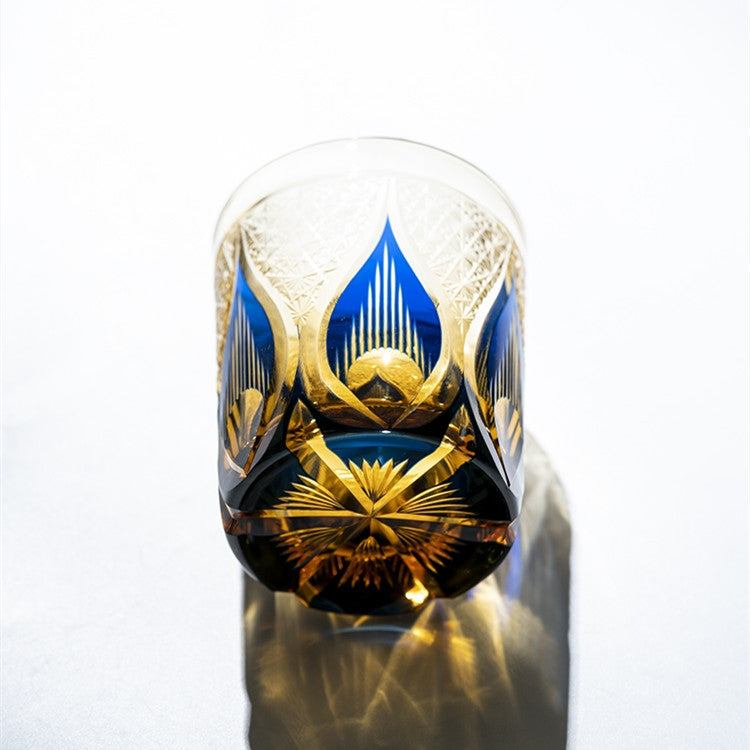 JP-020  8.5 oz  Blue and Amber Tinted Glass Whiskey Tumbler With Hand Engraved candle flame Design