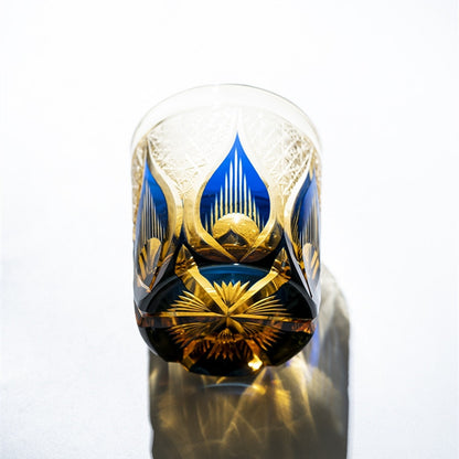JP-020  8.5 oz  Blue and Amber Tinted Glass Whiskey Tumbler With Hand Engraved candle flame Design