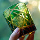 JP-042  8.5 oz Edo Kiriko Style Green Amber Glass Cocktail Whiskey Tumbler Hand Cut Lightning Streaks Pattern