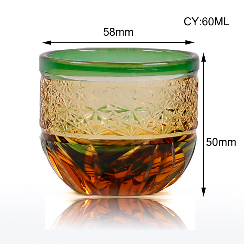 JP-021 Handcrafts Edo Kiriko's Green Whiskey Glass Tumbler 8.5 oz And Japanese Style Sake Glass Cup 2 oz  Engraved Checked Chrysanthemum Pattern