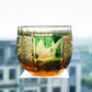 QJ-02 60 ML Blue Premium Peace Dove Shot Glass Green and Amber Colored Cold Sake Glass Cup,Chilled Sake Glass ,Small Drinking Vessel With Hand Cut Kiriko Chrysanthemum Design