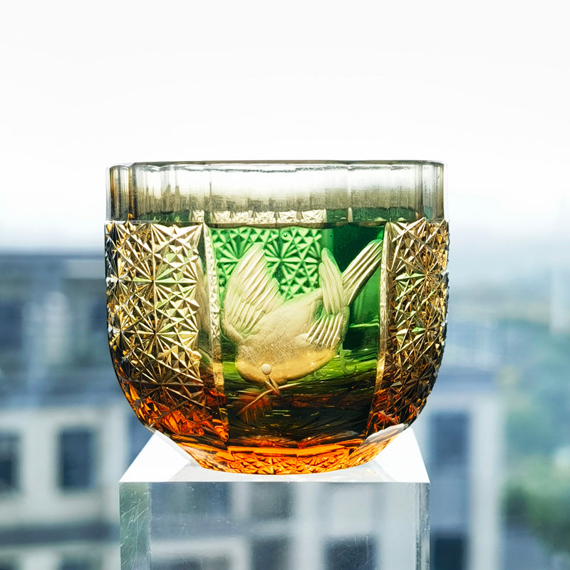 QJ-02 60 ML Blue Premium Peace Dove Shot Glass Green and Amber Colored Cold Sake Glass Cup,Chilled Sake Glass ,Small Drinking Vessel With Hand Cut Kiriko Chrysanthemum Design