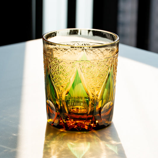 Candle Flame Hand Cut Green Whiskey Glass 9oz