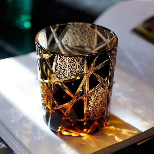 In use of Hand Cut Lightning Whiskey Glass Tumbler Amber Black - JINZHI GLASS crystal glassware