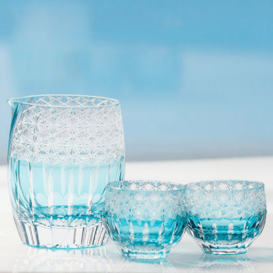 QJ- Sky Blue Edo Kiriko Sake Bareware Set 420ml Sake carafe and 60ml Sake glass cup with hand cut Chrysanthemum Ball pattern
