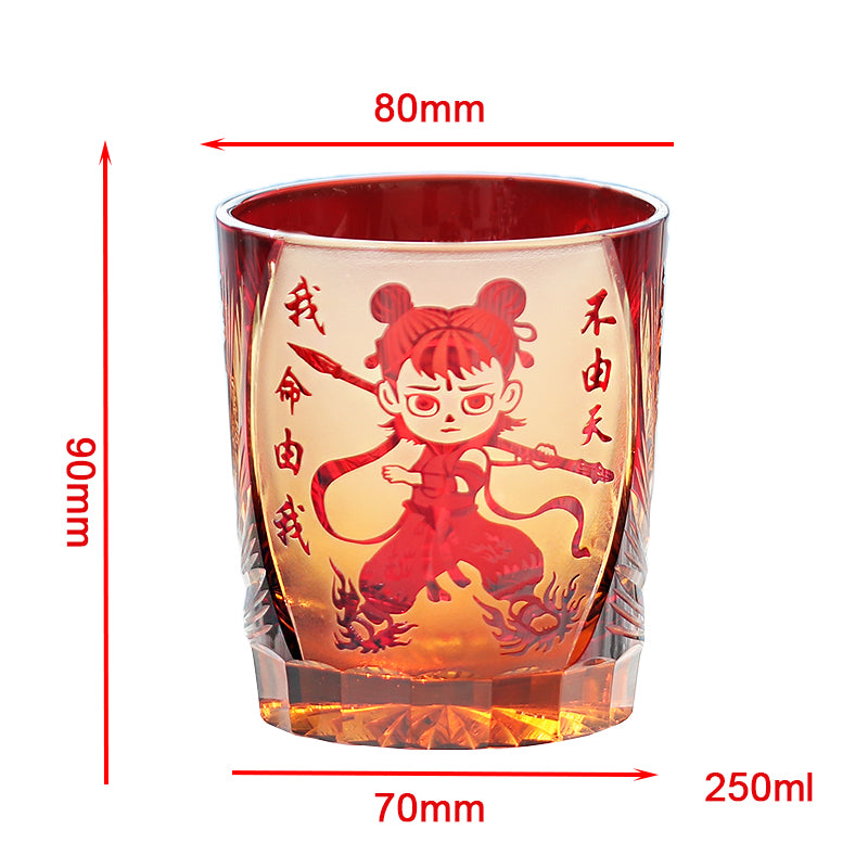 JP-024 Edo Kiriko's Handcrafts Chinese NeZha Whiskey Glass Red and Amber In Gift Box