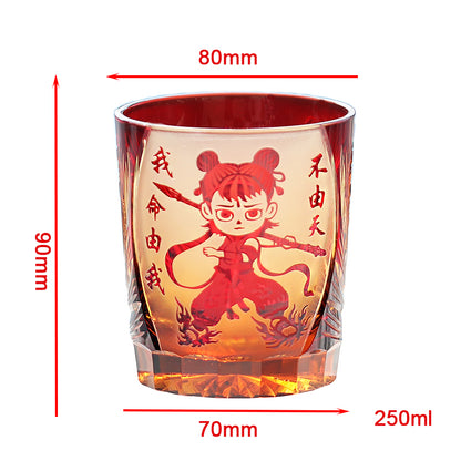JP-024 Edo Kiriko's Handcrafts Chinese NeZha Whiskey Glass Red and Amber In Gift Box