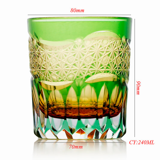 JP-054 240ml New 3kinds color Transparent Green and Amber Cased Crystal Glass Whiskey Tumblers with Hand Carved Chrysanthemum Mesh and globular cuts Design