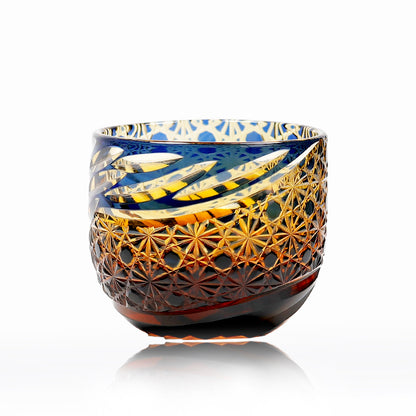 Blue-Amber Edo Kiriko Shot Glasses Lead-Free Cut-to-Clear