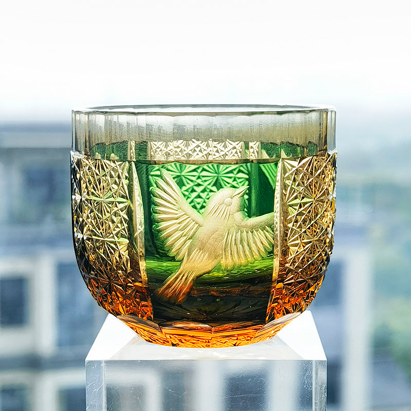 QJ-02 60 ML Blue Premium Peace Dove Shot Glass Green and Amber Colored Cold Sake Glass Cup,Chilled Sake Glass ,Small Drinking Vessel With Hand Cut Kiriko Chrysanthemum Design