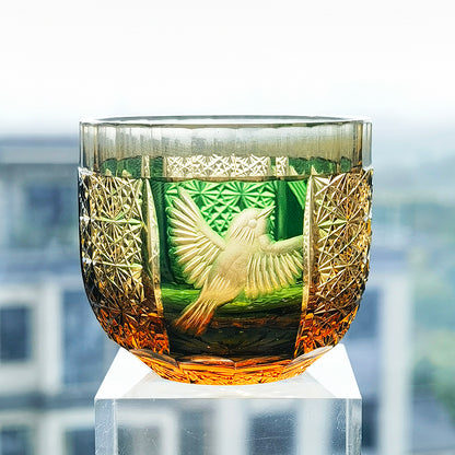 QJ-02 60 ML Blue Premium Peace Dove Shot Glass Green and Amber Colored Cold Sake Glass Cup,Chilled Sake Glass ,Small Drinking Vessel With Hand Cut Kiriko Chrysanthemum Design