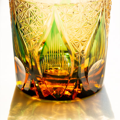 Candle Flame Hand Cut Green Whiskey Glass 9oz