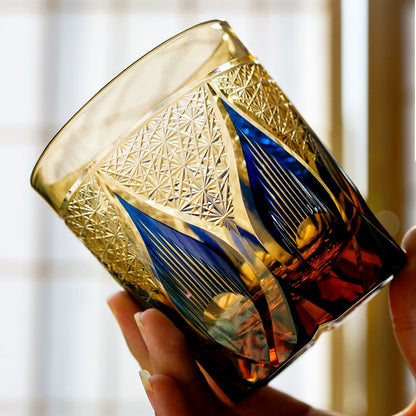 Candle Flame Hand Cut Blue Whiskey Glass 9oz
