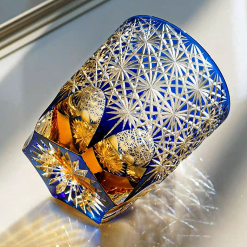 JP-048-2  Handcrafts Japanese Style Whiskey Glasses Blue Amber Clear 3 Layer Color Tinted Glass With Edo Kiriko's Chrysanthemum Design In Gift Box