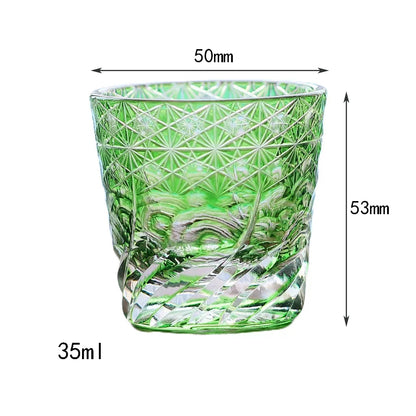 QJ-06-1  35ml Hand Cut To Clear Green soju shot glass Carved Wave Design Min Glasses for whiskey, vodka, tequila, chilled sake