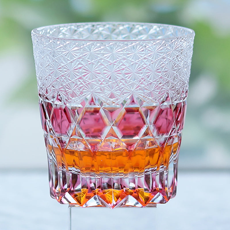JP-107 11 oz Japanese Style Edo Kiriko Handcrafted Gold Pink Fluorite Whisky Glass With Gift Box