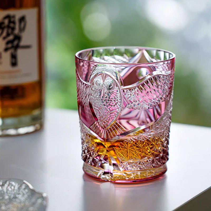 Pink Crystal Glass Hand Engraved Owl Colored Glass 9oz