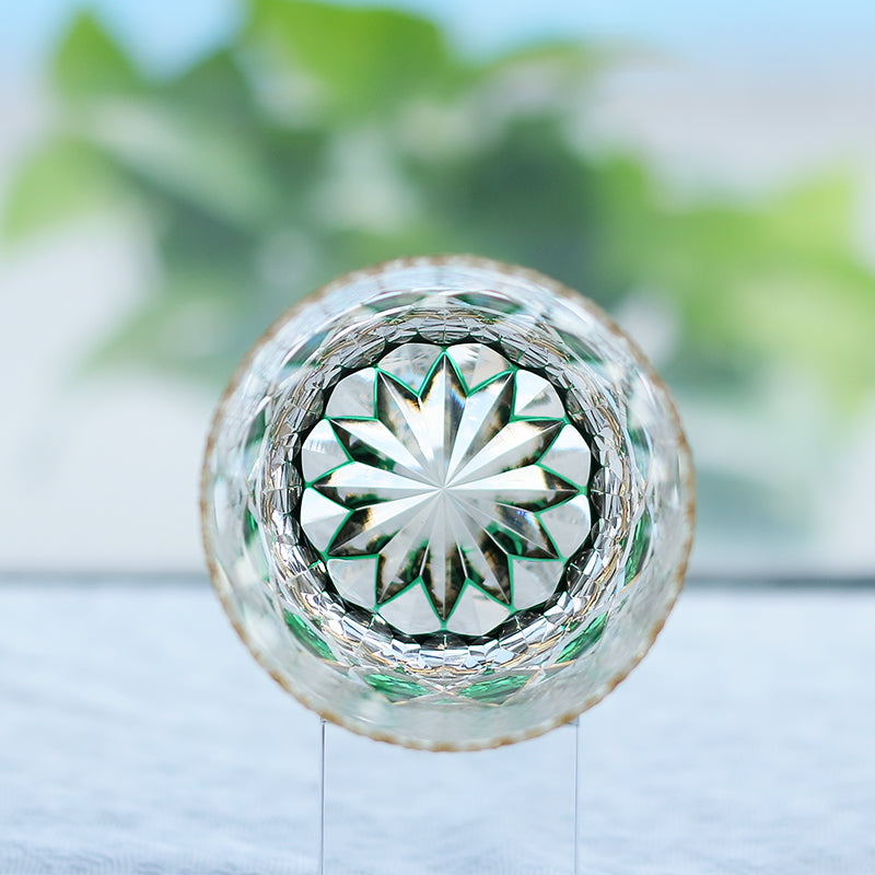 JP-107 32 cl Japanese Style Green Colored Whiskey Glass Tumbler Edo Kiriko's Garlands of hexagons And Chrysanthemum Mesh