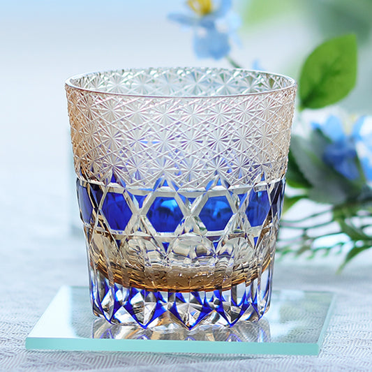 JP-107 32 cl Handmade Blue Colored Crystal Glass Whiskey Tumbler Edo Kiriko's  Hand Cutting Garlands of hexagons And Chrysanthemum Mesh Edo Kiriko Old Fashioned Glass