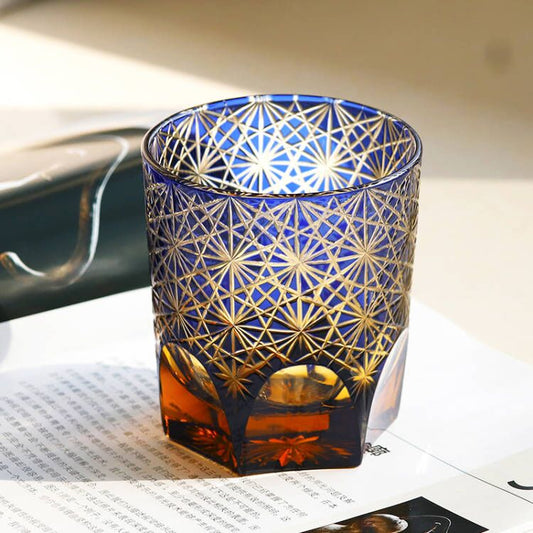 Chrysanthemum Edo Kiriko Whiskey Glass Blue 9oz
