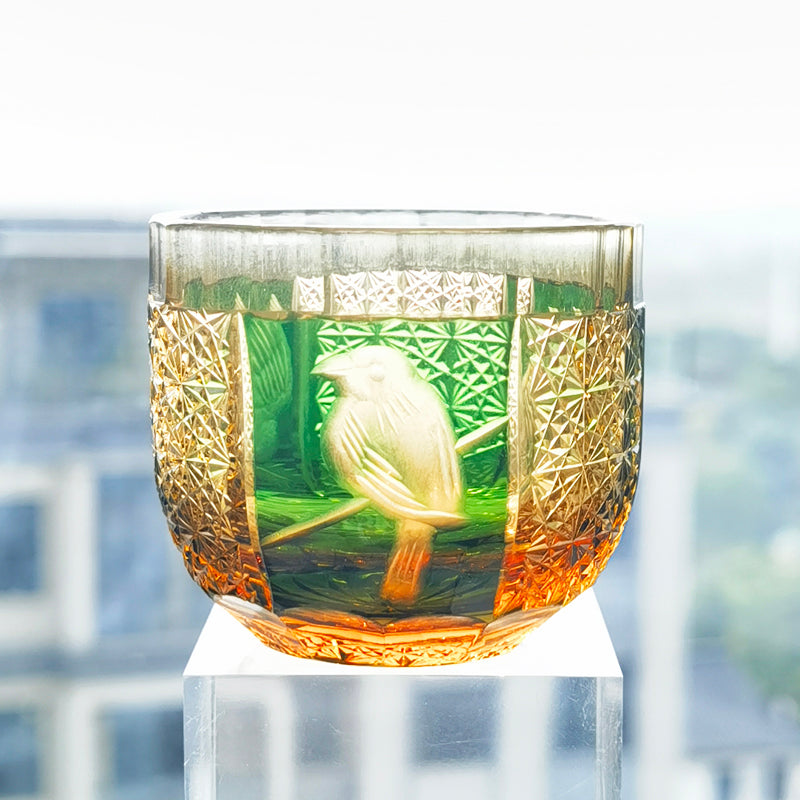 QJ-02 60 ML Blue Premium Peace Dove Shot Glass Green and Amber Colored Cold Sake Glass Cup,Chilled Sake Glass ,Small Drinking Vessel With Hand Cut Kiriko Chrysanthemum Design