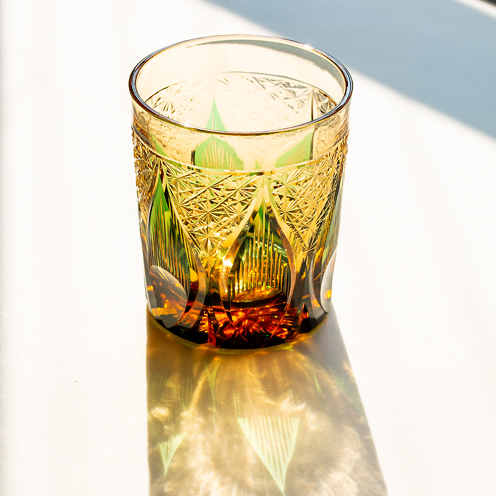 Candle Flame Hand Cut Green Whiskey Glass 9oz