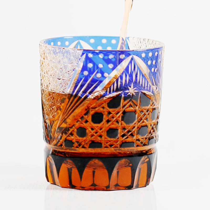 JP-025 Handcrafts Edo Kiriko‘s Amber Blue Tinted Glass Whiskey Tumbler Hand Cuts Octagonal Basket Weave and Chrysanthemum Pattern