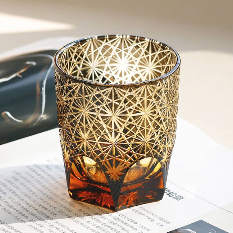 Chrysanthemum Edo Kiriko Whiskey Glass Black 9oz