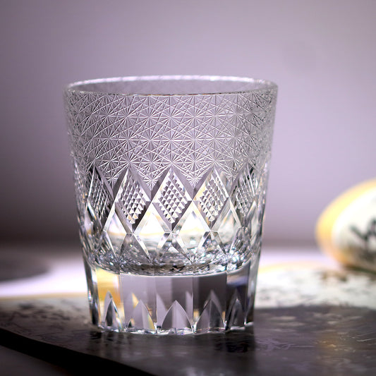 JP-124 240 ml Japanese Style Edo Kiriko Handcrafted  K9 Crystal Whisky Glass Tumbler Chrysanthemum and Diamond Design