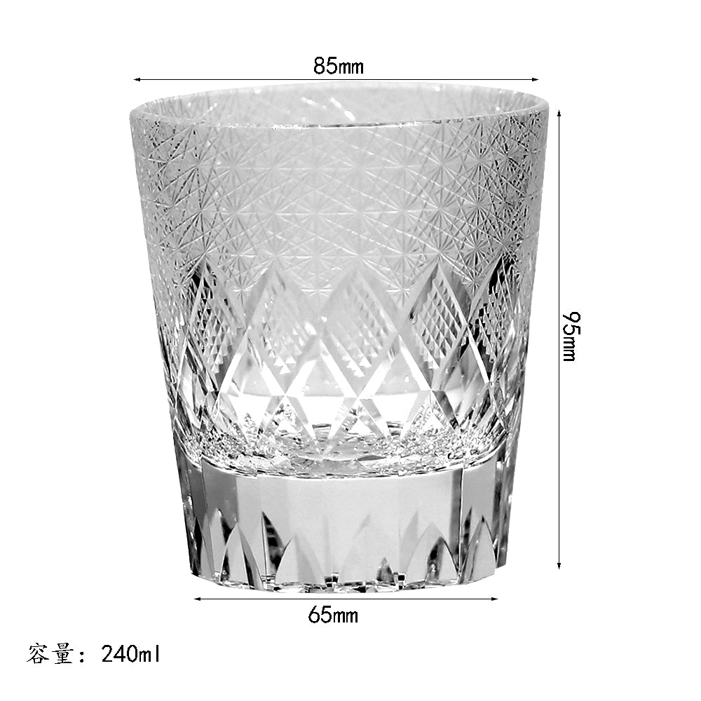 JP-124 240 ml Japanese Style Edo Kiriko Handcrafted  K9 Crystal Whisky Glass Tumbler Chrysanthemum and Diamond Design