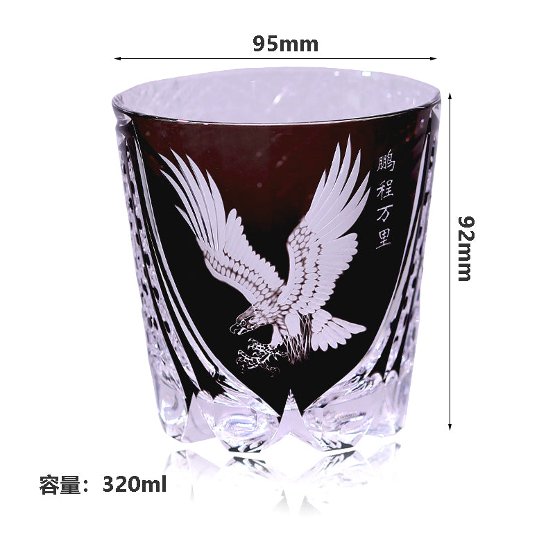 JP-009 320ml Hand Engraved and Black Colored Whiskey Glass Tumbler with Edo Kiriko's Hawk Spread Wings Design
