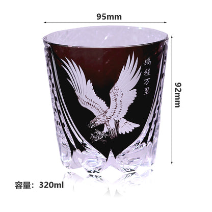 JP-009 320ml Hand Engraved and Black Colored Whiskey Glass Tumbler with Edo Kiriko's Hawk Spread Wings Design