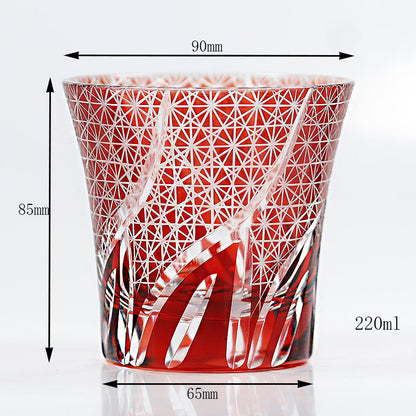 JP-017 220ml Flared Shaped Hand Cut To Clear Ruby Red Table Drinking Tumbler Edo Kiriko's Sea Wave Red Color Cased Glass Whiskey Tumblers