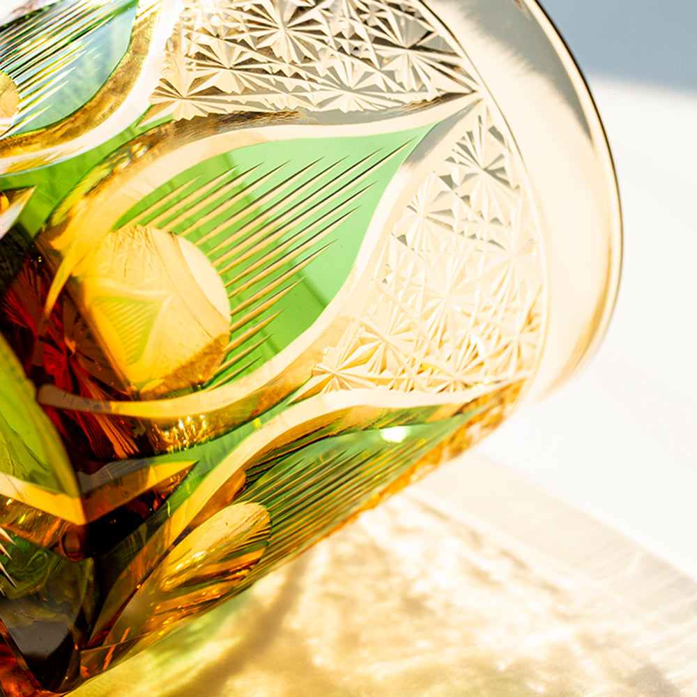 Candle Flame Hand Cut Green Whiskey Glass 9oz
