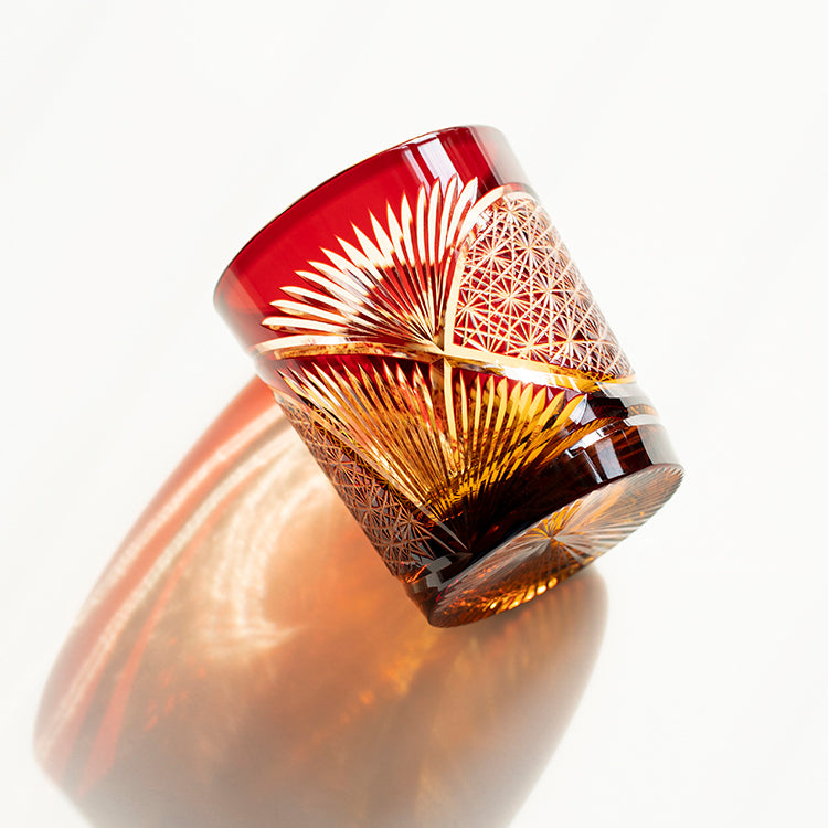 JP-030 250 ml Ruby Red and Amber Tinted Glass Whiskey Cup With Hand Cut Classic Chrysanthemum And Fans 2 different Design