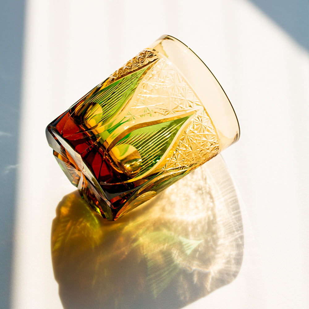 Candle Flame Hand Cut Green Whiskey Glass 9oz