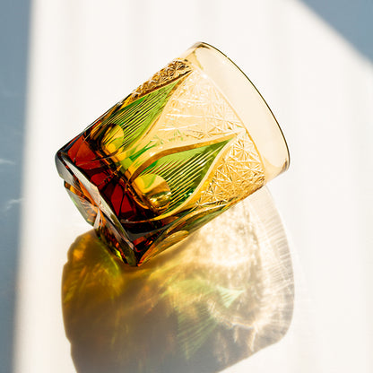 Candle Flame Hand Cut Green Whiskey Glass 9oz