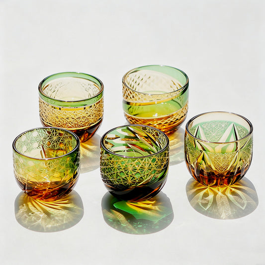 5 Styles Green-Amber Edo Kiriko Globe Sake Shot Glass