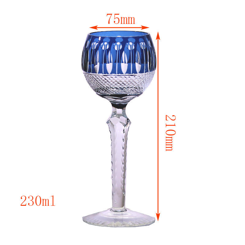 JP-096  8 oz Hand Cut and Smokey Blue Colored Wine Glass Stem Glass Goblet Engraved Lotus Deisgn