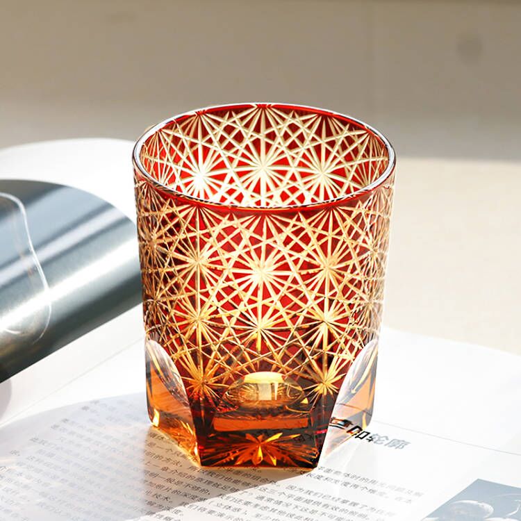 Chrysanthemum Edo Kiriko Whiskey Glass Red 9oz