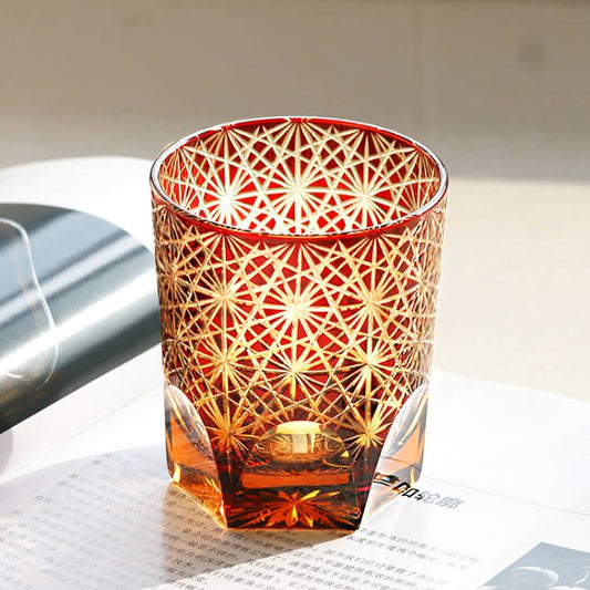 Chrysanthemum Edo Kiriko Whiskey Glass Red 9oz