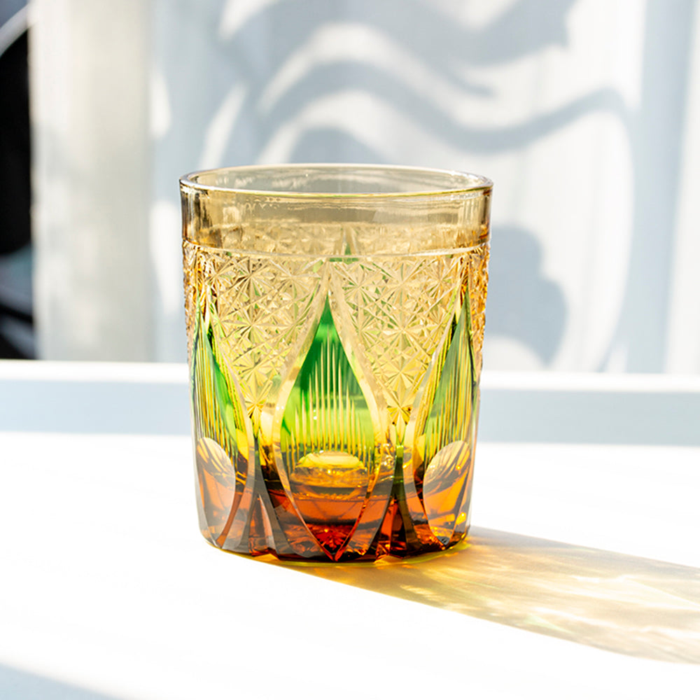 Candle Flame Hand Cut Green Whiskey Glass 9oz