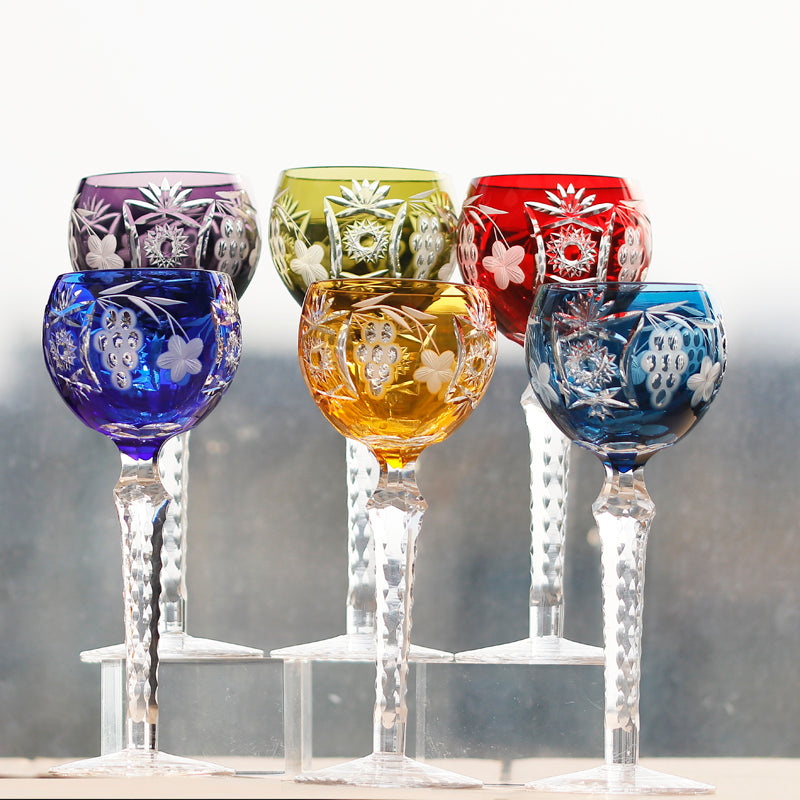 JP-099 Set of 6pcs Multi-colored Water Glass Goblet 240ml With Hand Cutting Grapes Deisgn