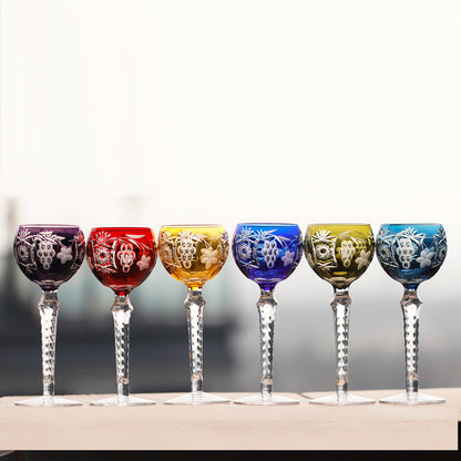 JP-099 Set of 6pcs Multi-colored Water Glass Goblet 240ml With Hand Cutting Grapes Deisgn