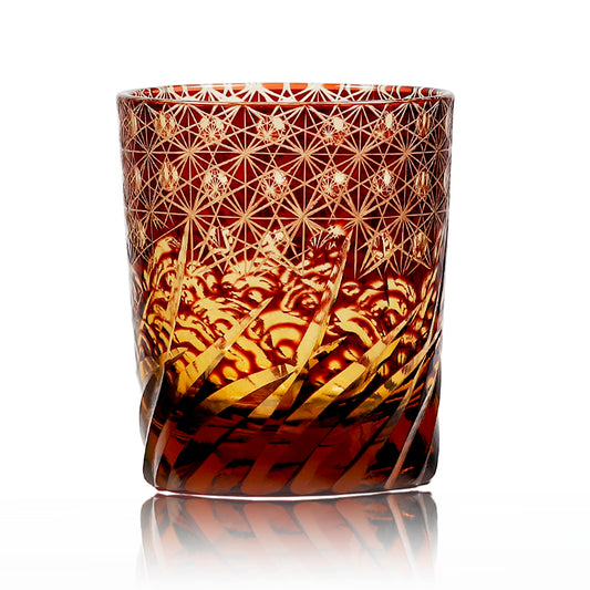 JP-040 240 ml Japanese Style Ruby Red Amber Whisky Glasses Edo Kiriko's Roaring Waves Design In Gift Box