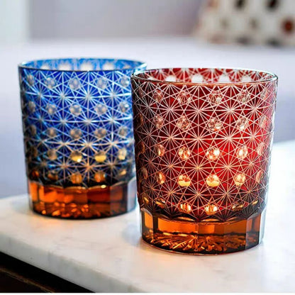 JP-022  240ml Edo Kiriko Old Fashioned Glass Tumbler Blue and amber color cased Glass Whiskey Tumblers with classic Japanesque Hand cut design